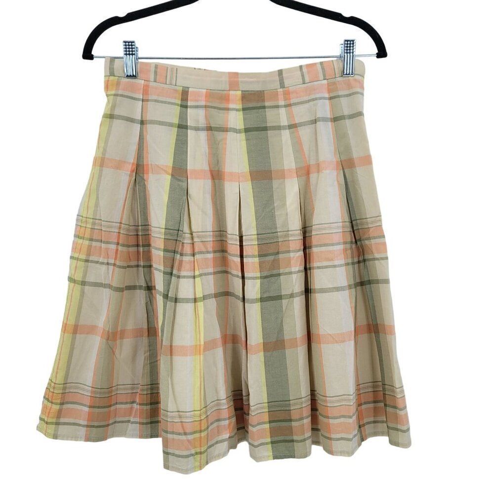 Vintage Talbots Petites Skirt 6P‎ Cream Sage Plaid Pleated 100% Cotton Full Boho
